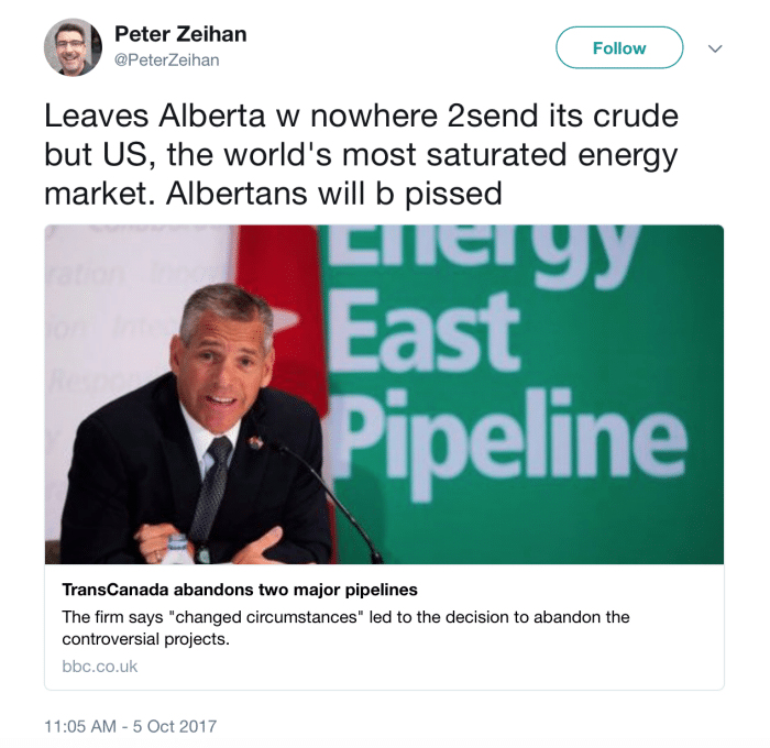 Peter Zeihan tweet about Energy East Pipeline