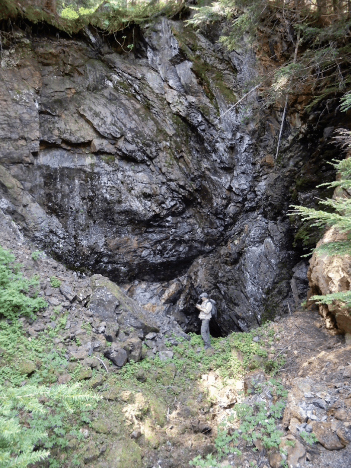 Chief Geologist Rob van Egmond inspecting structures in the Glory Hole in the historic Dolly Varden Mine