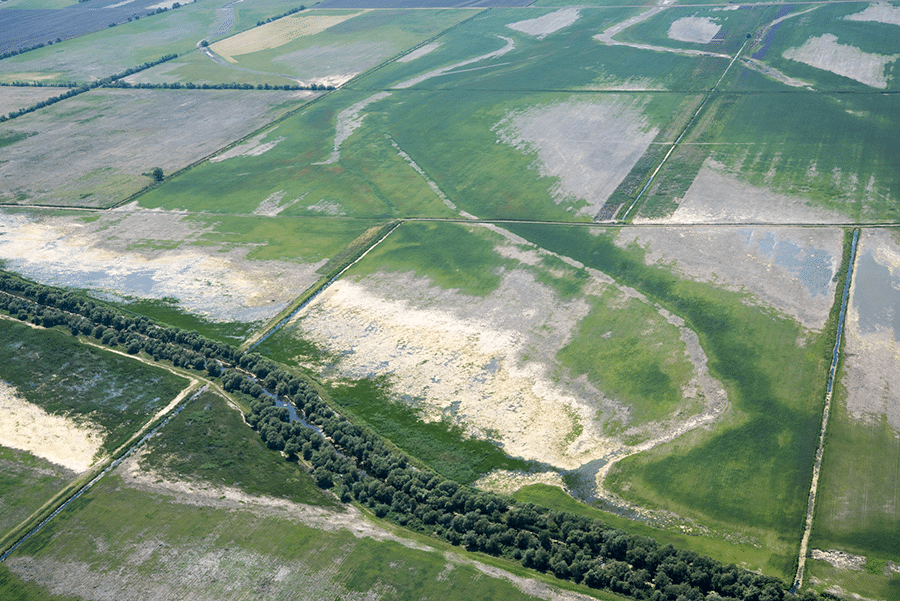 An aerial view of degrading farm land.