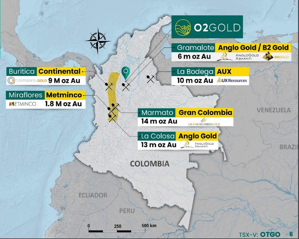 O2Gold proximity to top gold mines in Colombia